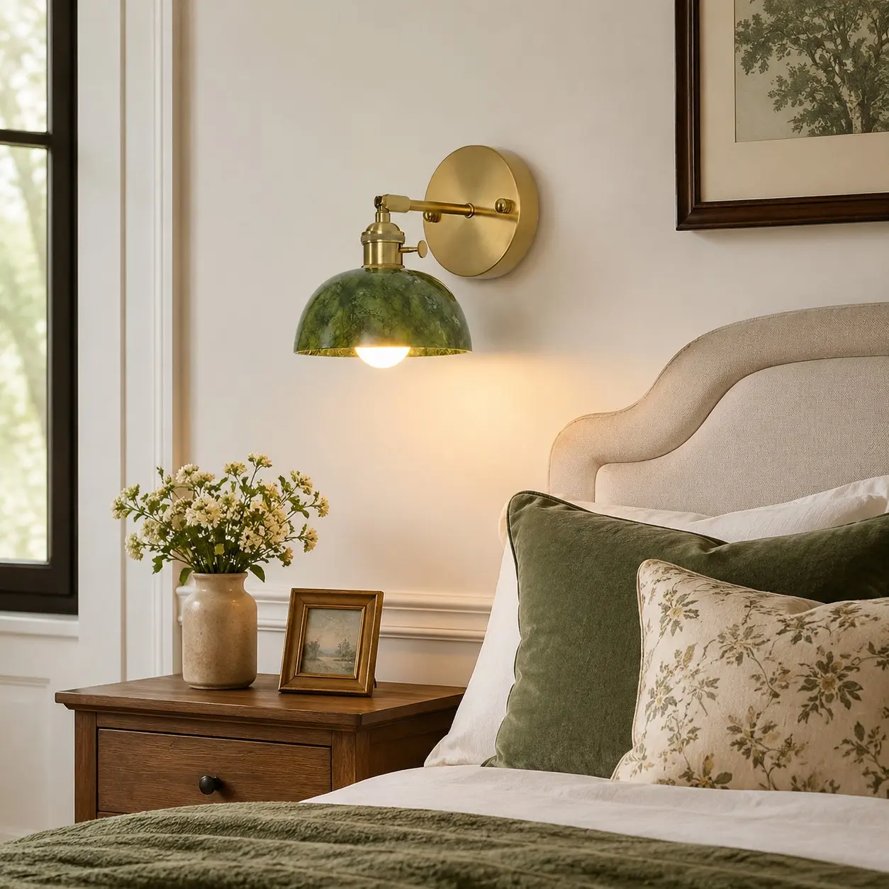 Grüne Steinwandleuchte im Schlafzimmer