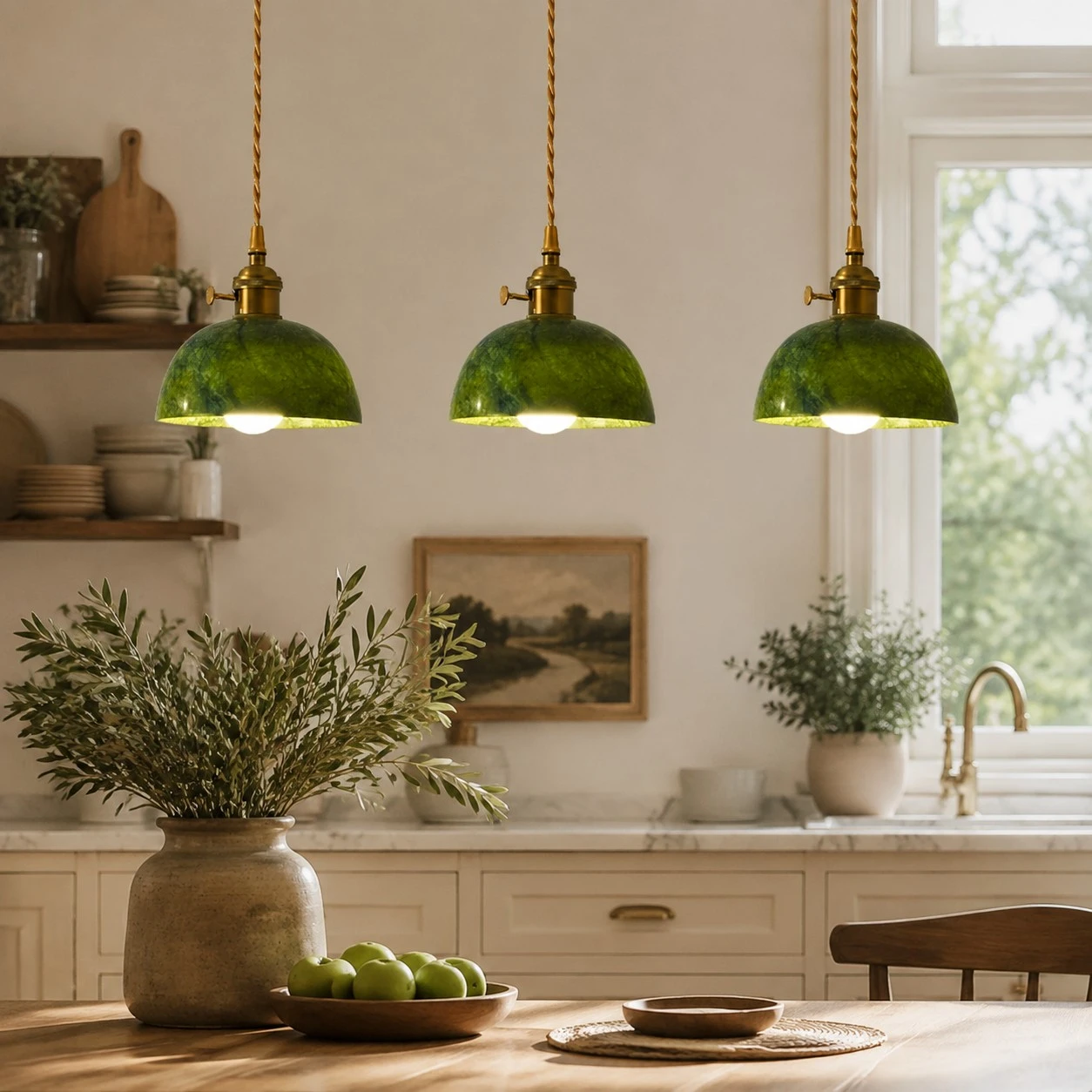 Luminárias pendentes lineares de jade com dossel em uma cozinha/sala de jantar