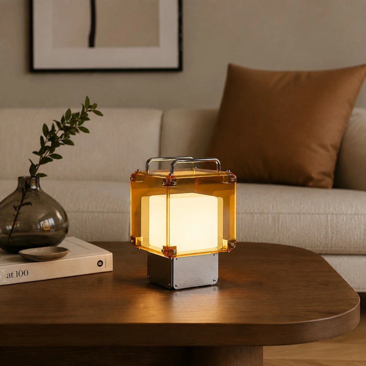 Luminária de mesa recarregável em uma sala de estar aconchegante.