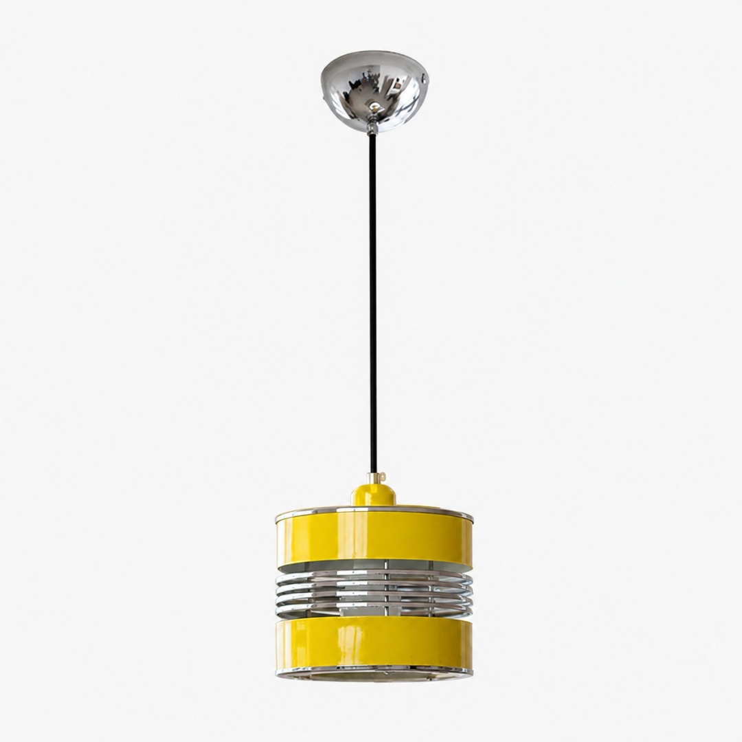Lampadario a sospensione giallo in metallo stratificato in stile Bauhaus.