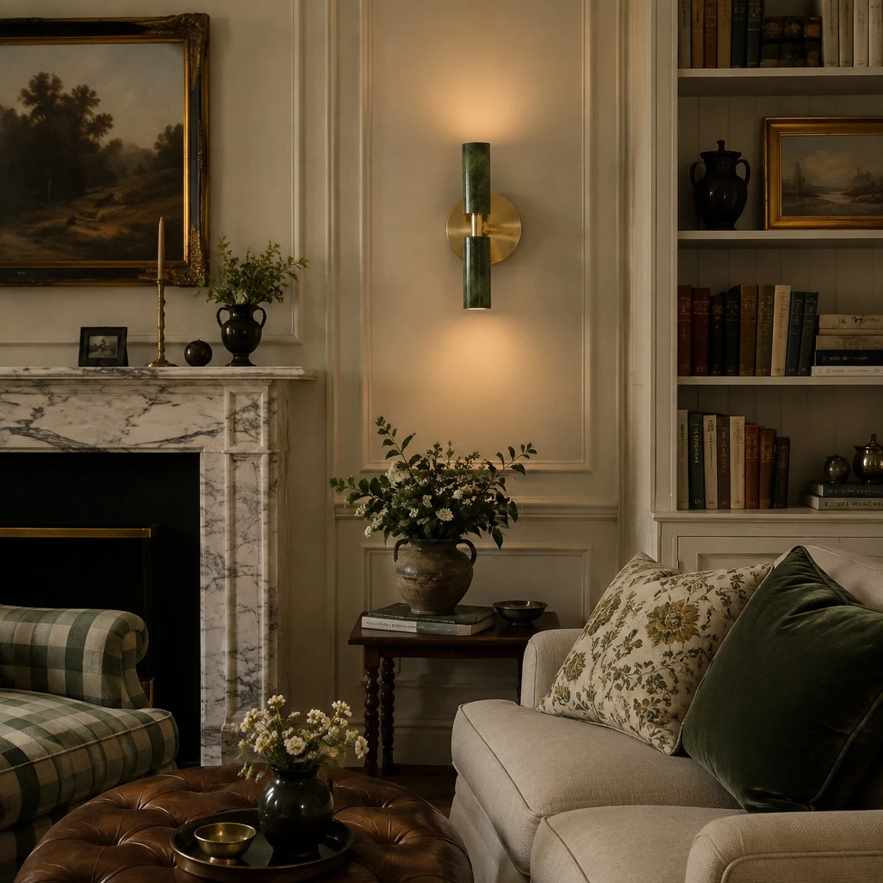 Natürliche grüne Jade-Wandleuchte in einem traditionellen Wohnzimmer