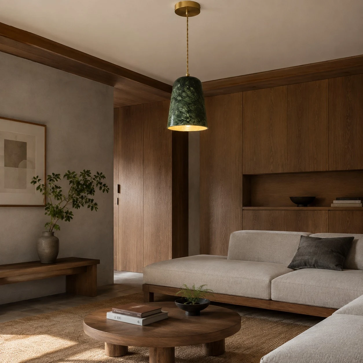 Lámpara colgante en un cálido interior junto a la cama.