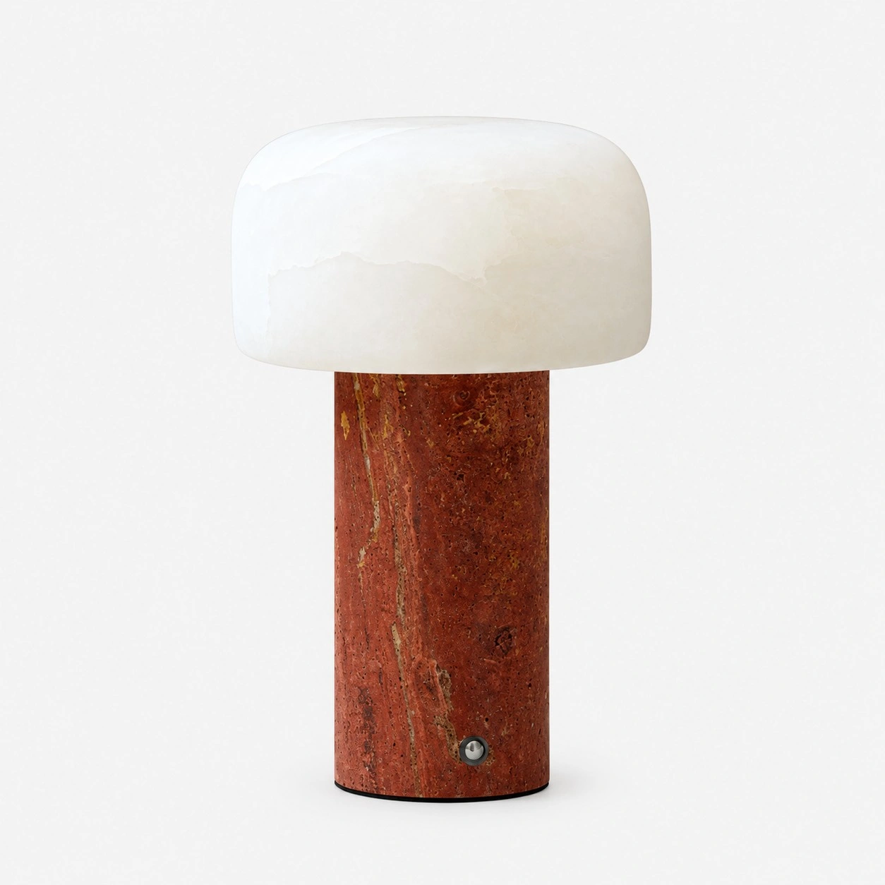 Abajur de mesa com cúpula de dolomita e base de travertino vermelho.