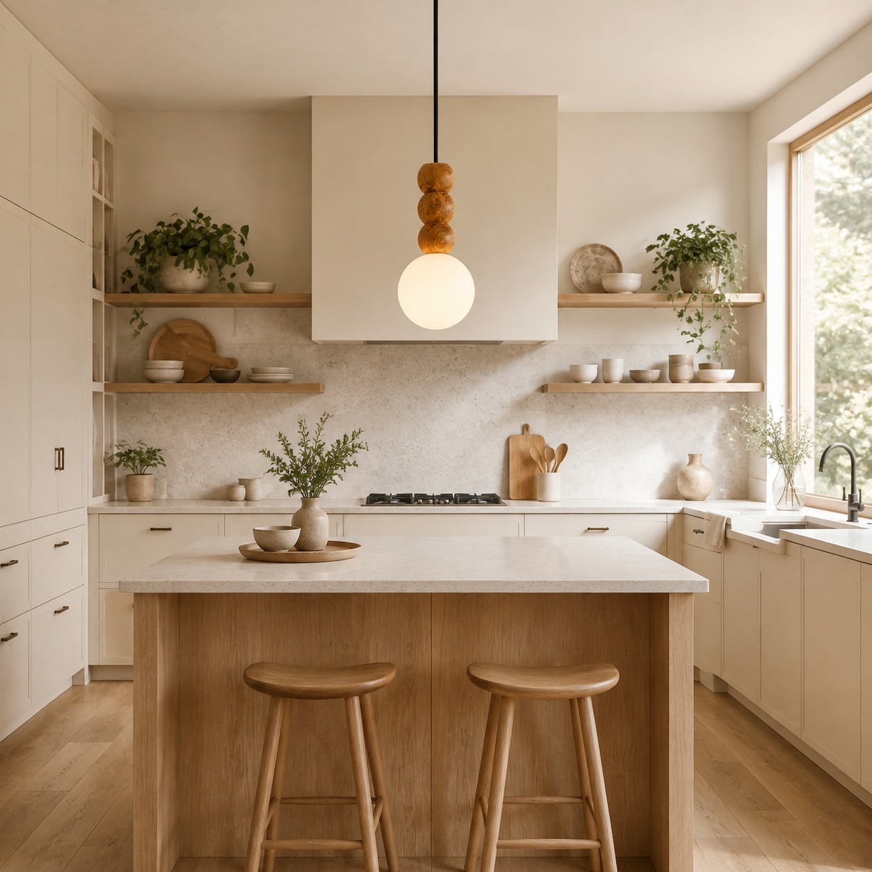 Lampadario a sospensione con globo di perline di legno che illumina un'isola cucina dai toni caldi e neutri.