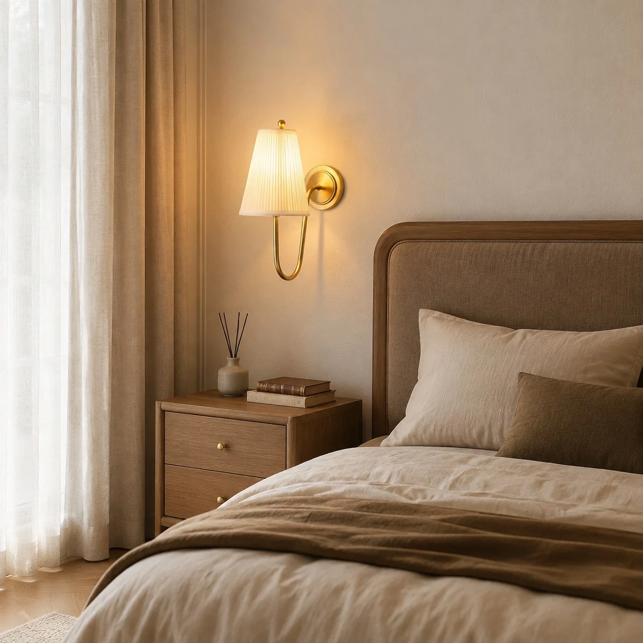 Aplique de pared de tela de latón francés instalado junto a una cama.