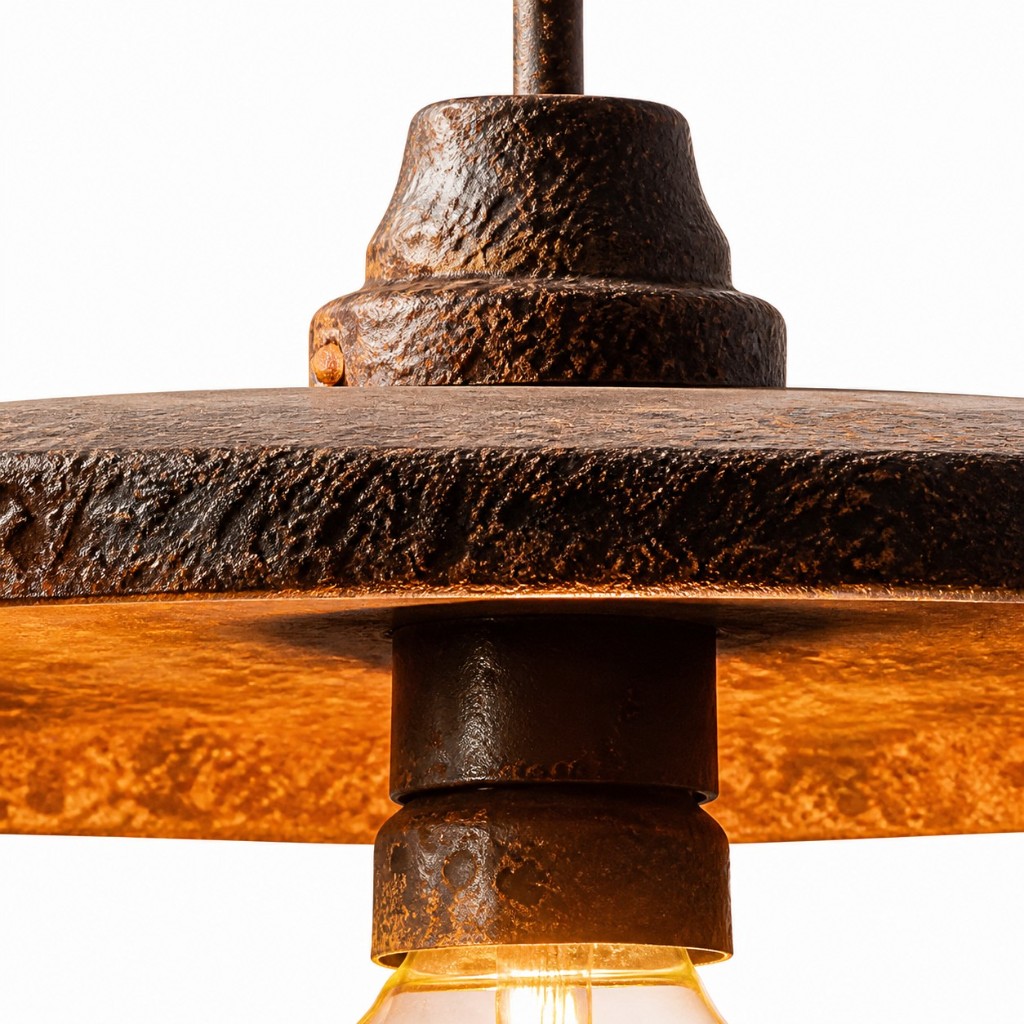 Detailopname van de plafondplaat en fitting van een ijzeren hanglamp.