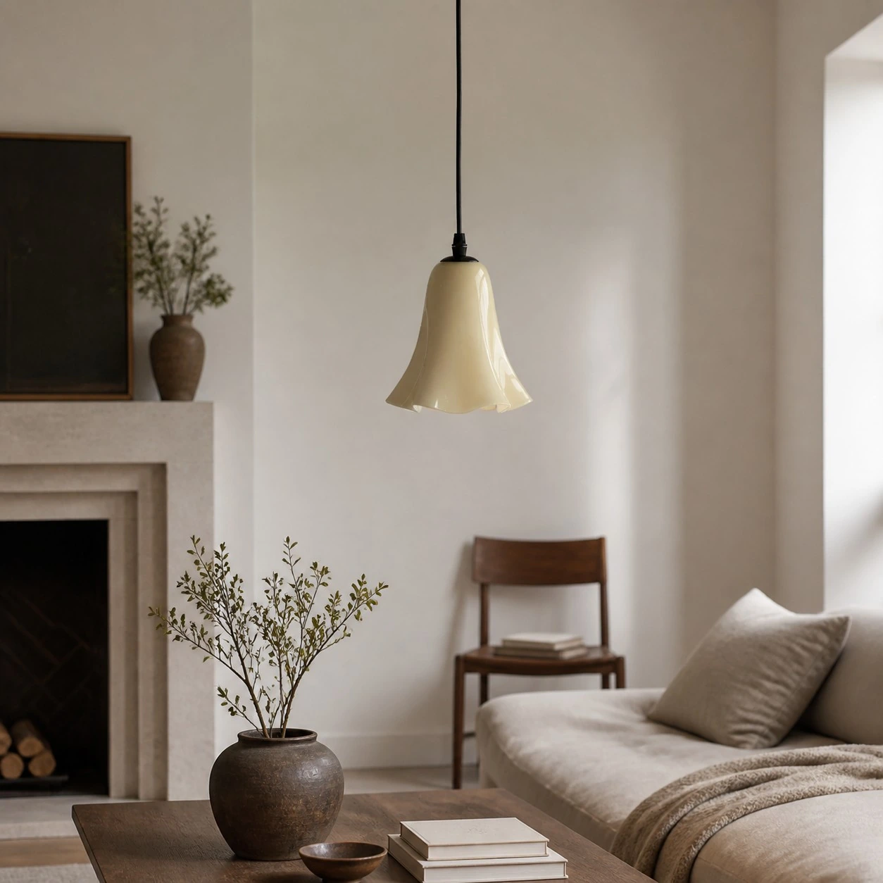 Lámpara colgante de cristal color crema amarillento en una sala de estar tranquila.