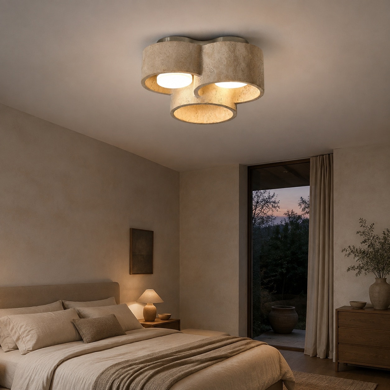 Plafondlamp met drie koppen van travertijn in een warme slaapkamer