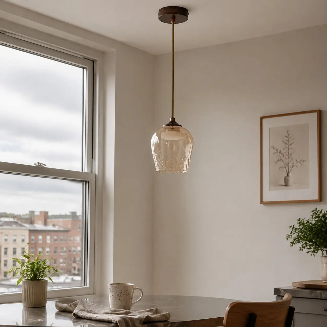 Bärnstensfärgad pendellampa i glas i en varm interiör mot fönstret