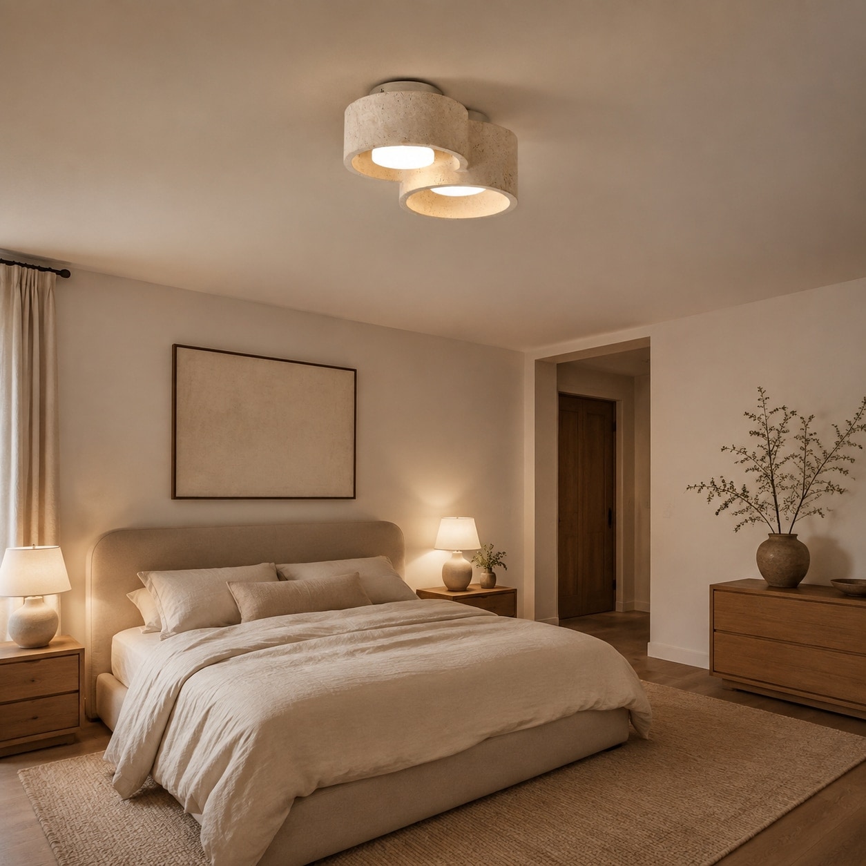 Plafondlamp met twee koppen van travertijn in een rustige slaapkamer