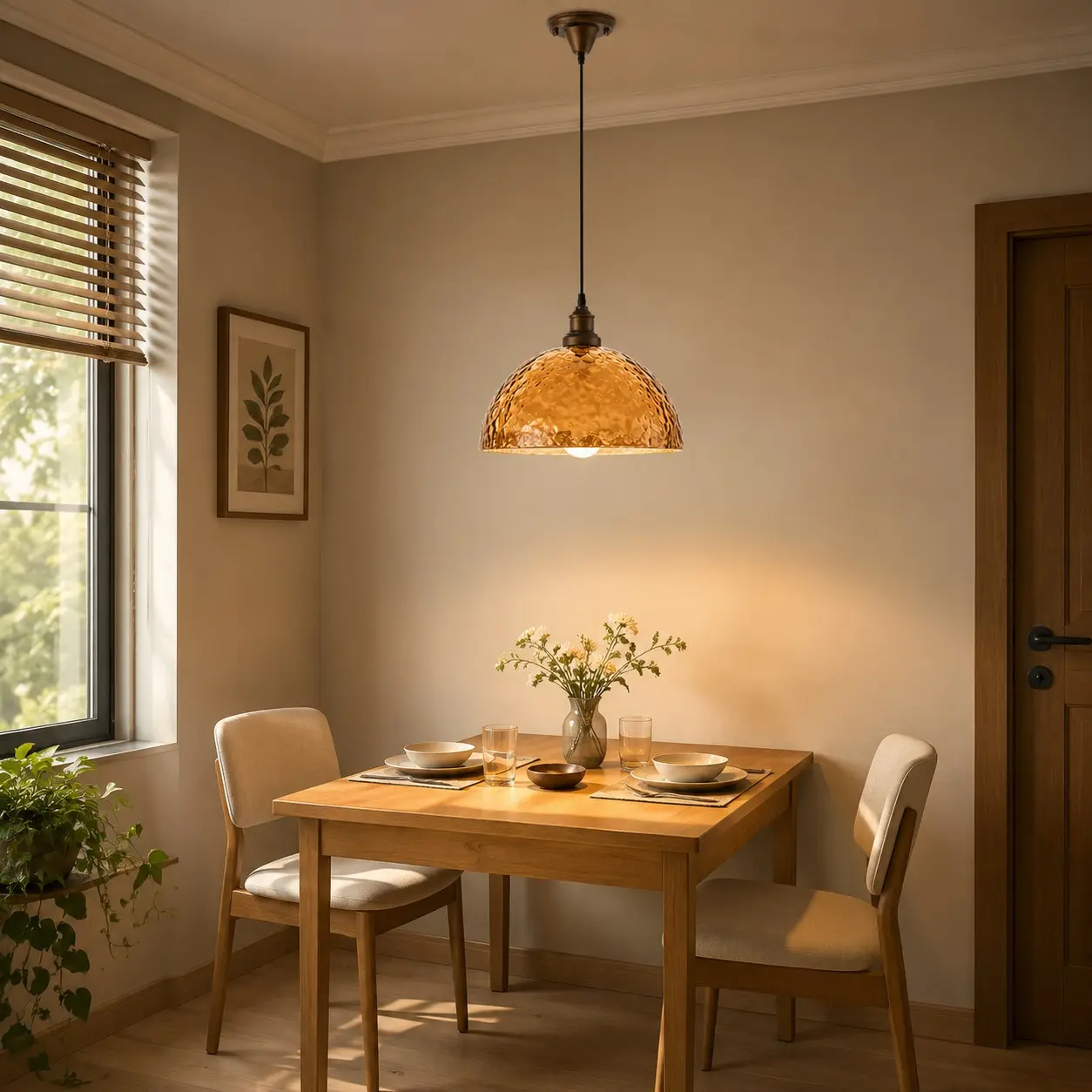 Bursztynowa lampa wisząca tworząca ciepłą atmosferę w jadalni