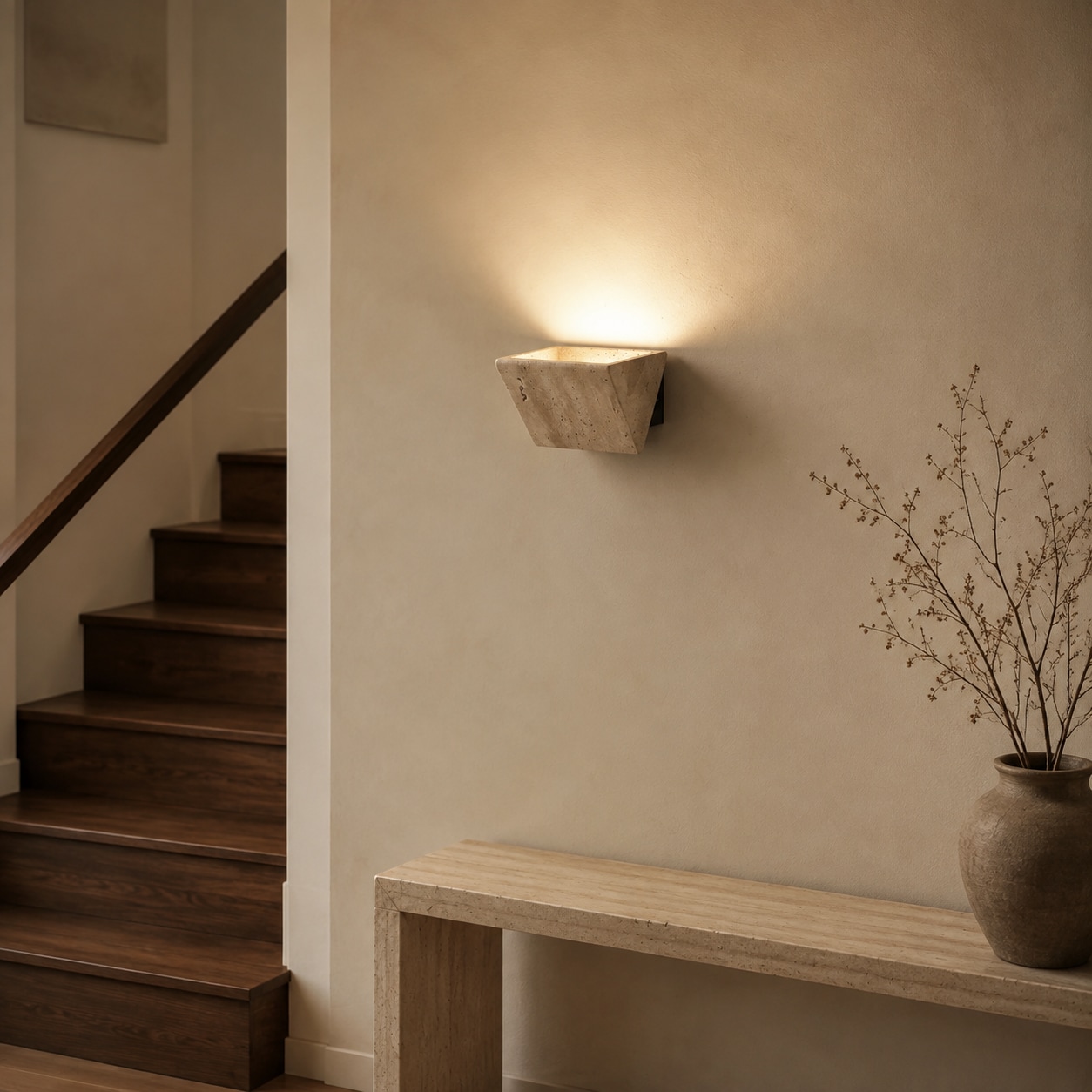 Travertine wall sconce by a stair hallway