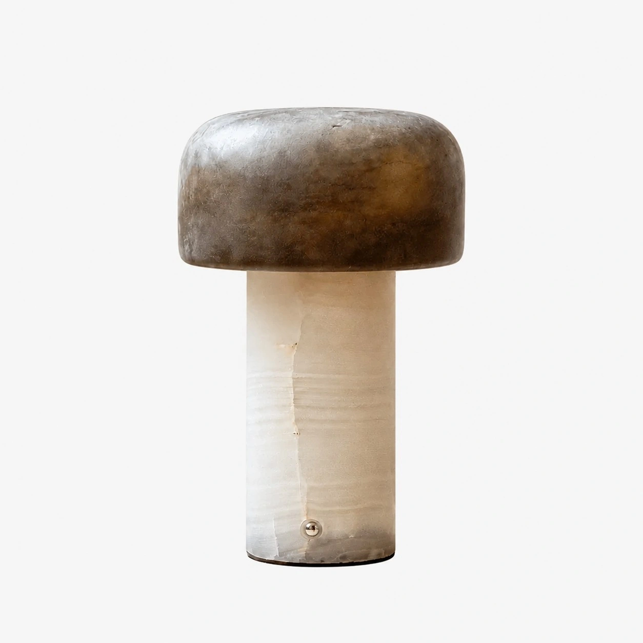 Abajur de mesa com cúpula em dolomita marrom e base em jade branco.