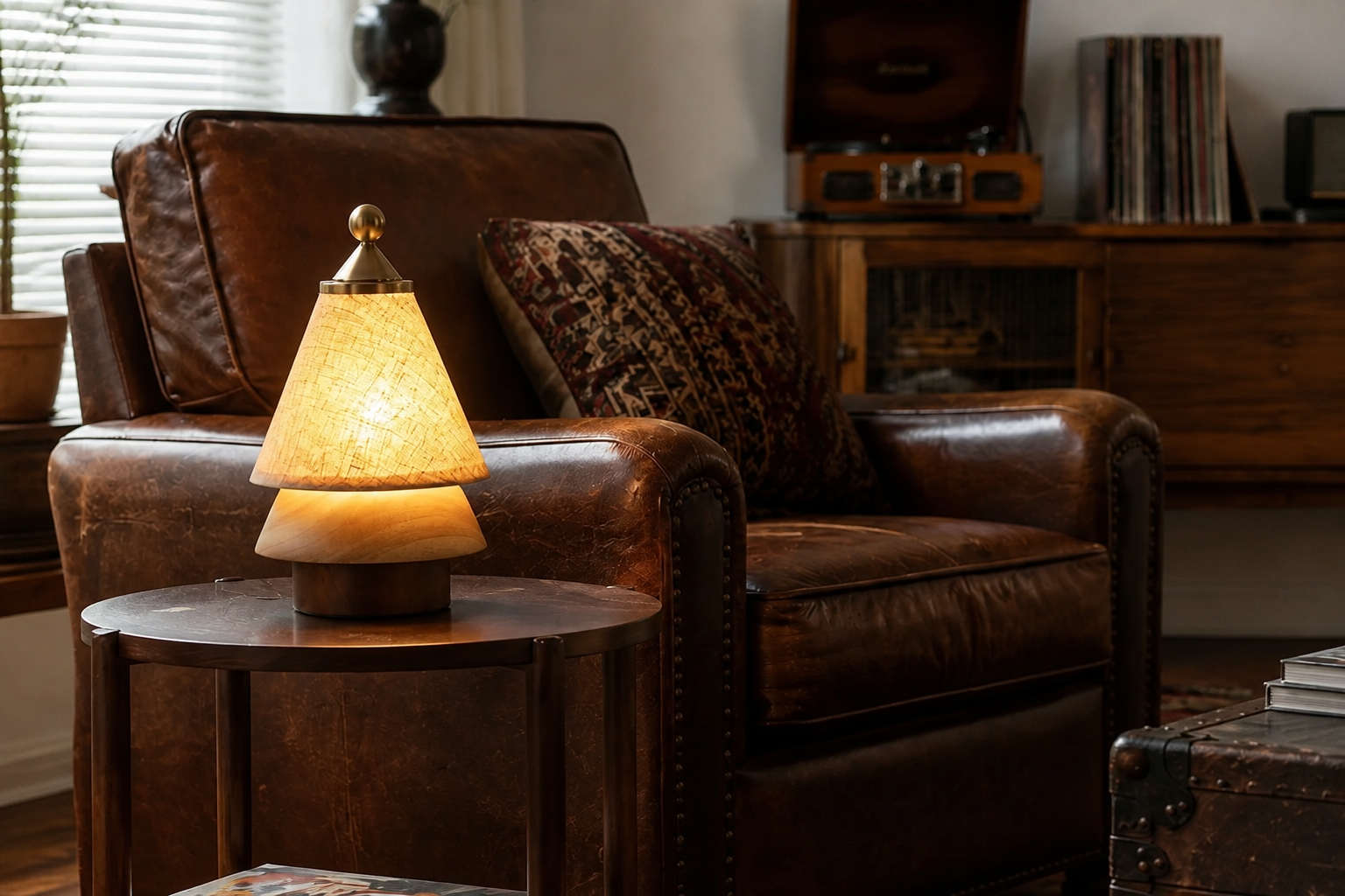 Rechargeable table lamp in a vintage reading room