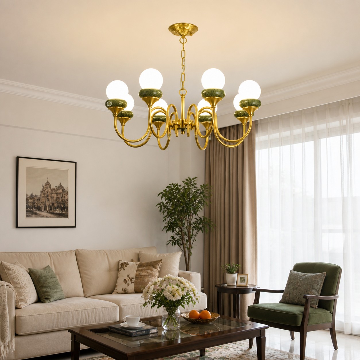 Lampadario a bracci ad anello in giada verde in un ambiente d'arredo.