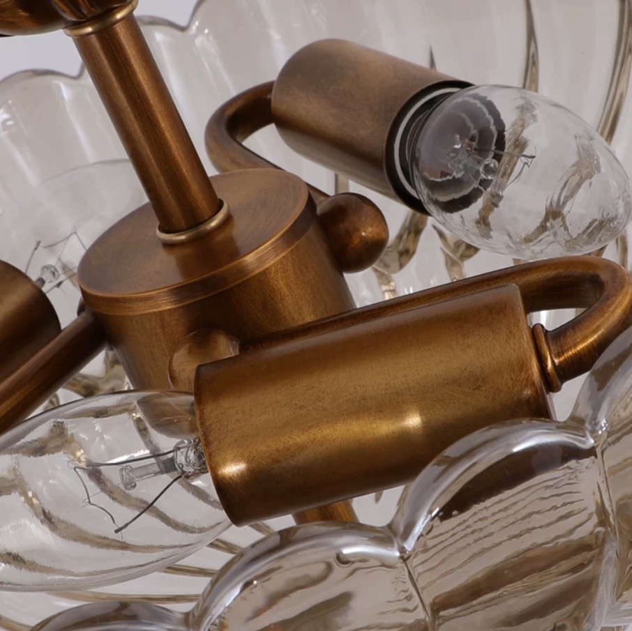 Floral Brass and Amber Glass Semi-Flush Ceiling Light detail 2
