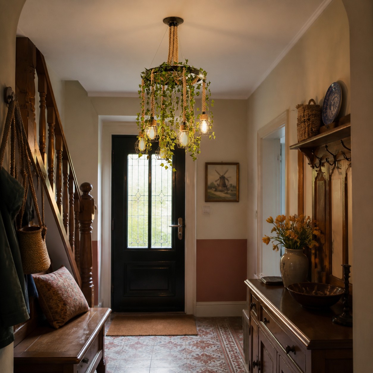 Lustre industrial em forma de anel envolto em corda em um ambiente.