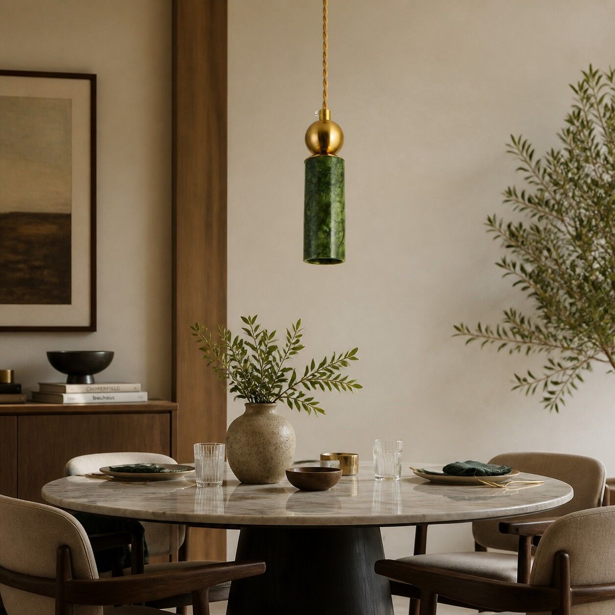 Luminária pendente cilíndrica de jade verde em um ambiente.
