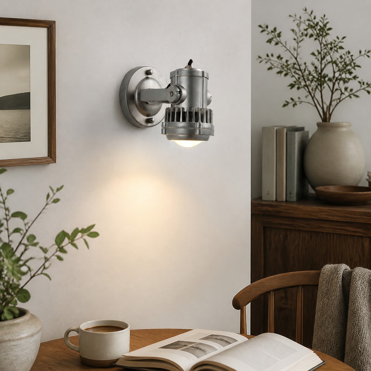 Aplique de parede industrial prateado escovado com foco de luz em um ambiente.