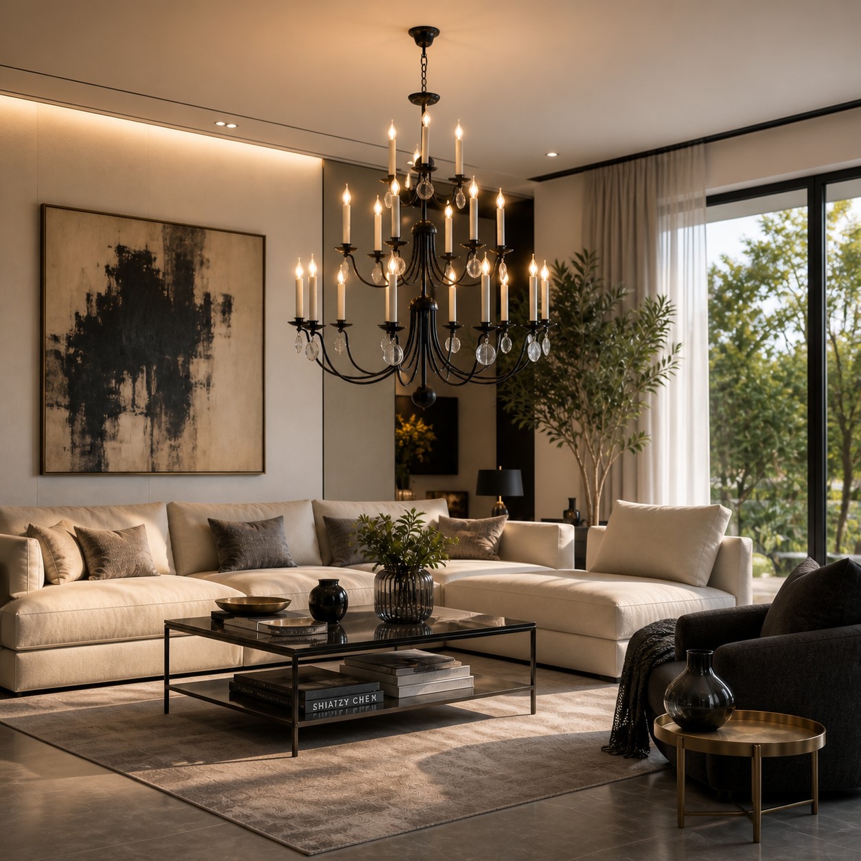 Lustre de velas preto de três níveis exposto em uma sala de estar moderna.