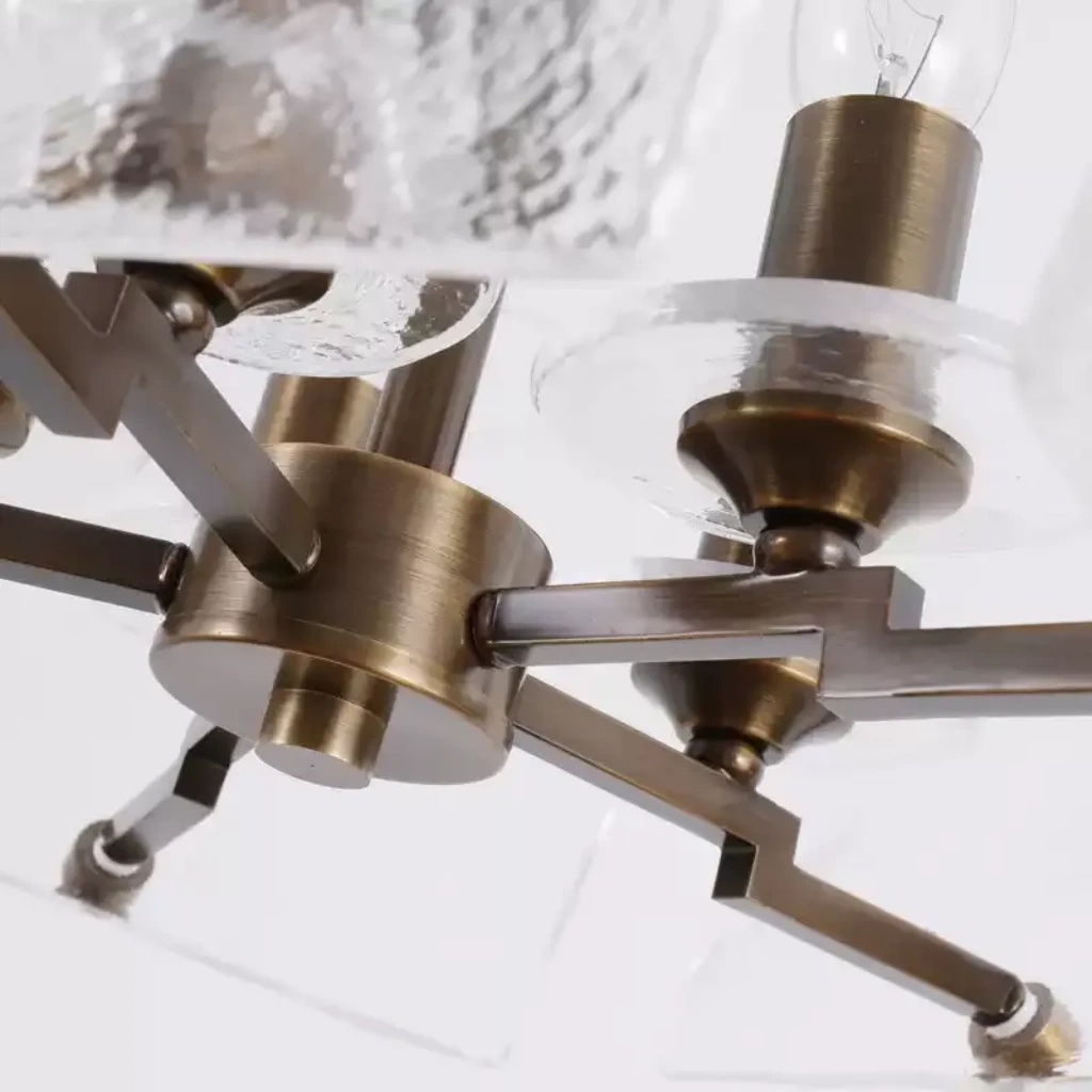Detalhe do lustre com gaiola de painel de vidro texturizado 1