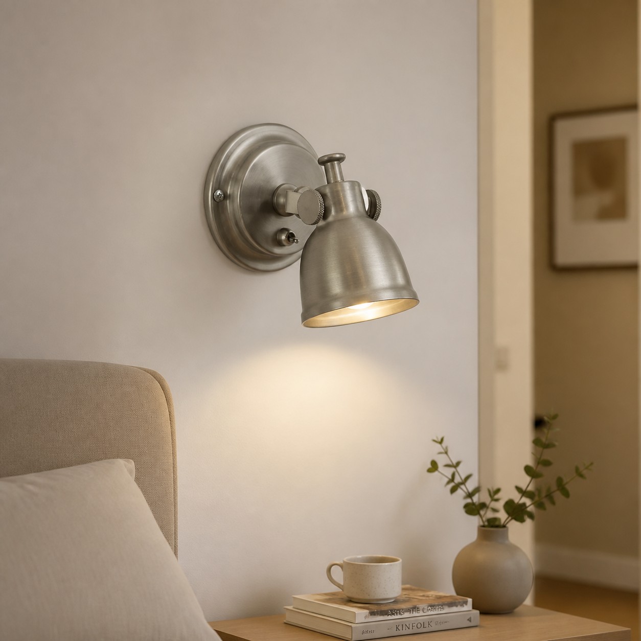 Luminária de parede ajustável para leitura em níquel escovado em um ambiente de quarto.