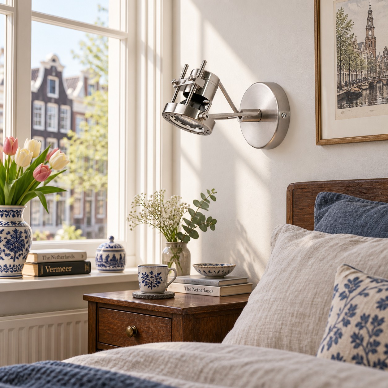 Luminária de parede Bauhaus em níquel escovado ao lado da cama