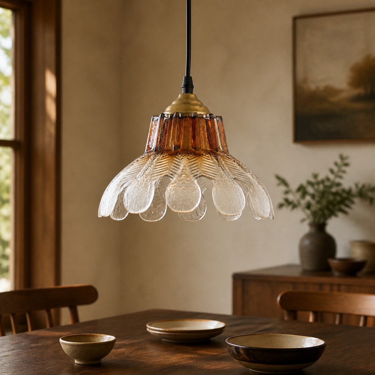 Luminária pendente em forma de flor com vidro canelado degradê em um interior