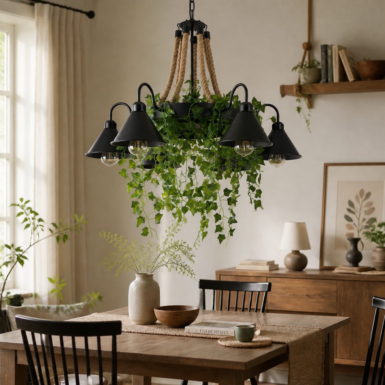 Lampadario a forma di ruota di carro con corde e piante, in un ambiente interno.