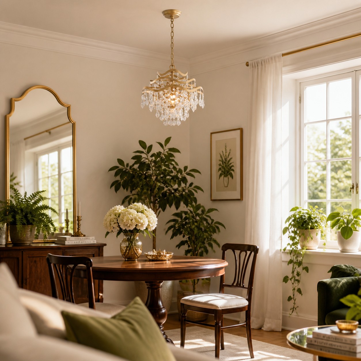 Lustre de cristal em camadas exposto sobre uma mesa de jantar
