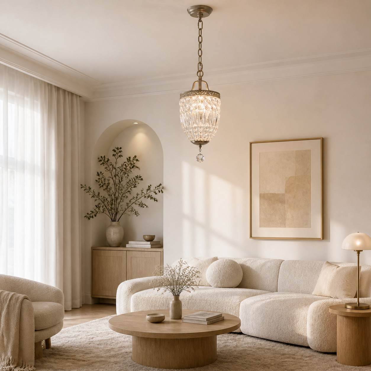 Luminária pendente cilíndrica de cristal facetado em um interior