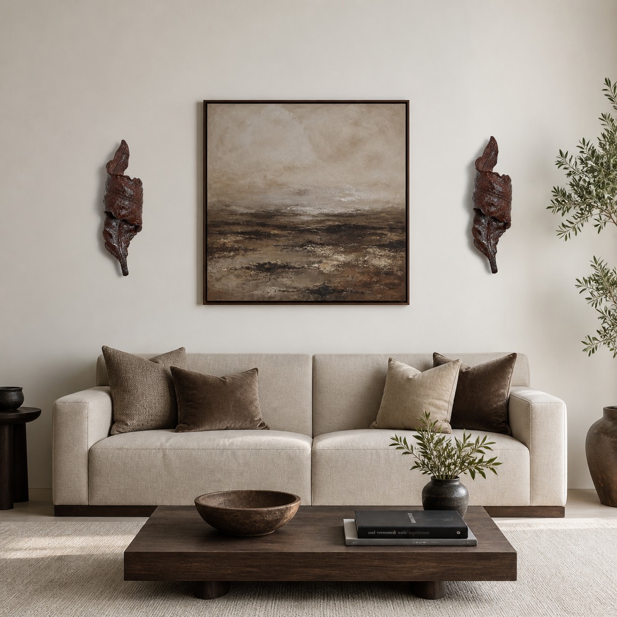 Aplique de parede escultural em resina no estilo Wabi-Sabi em um ambiente.