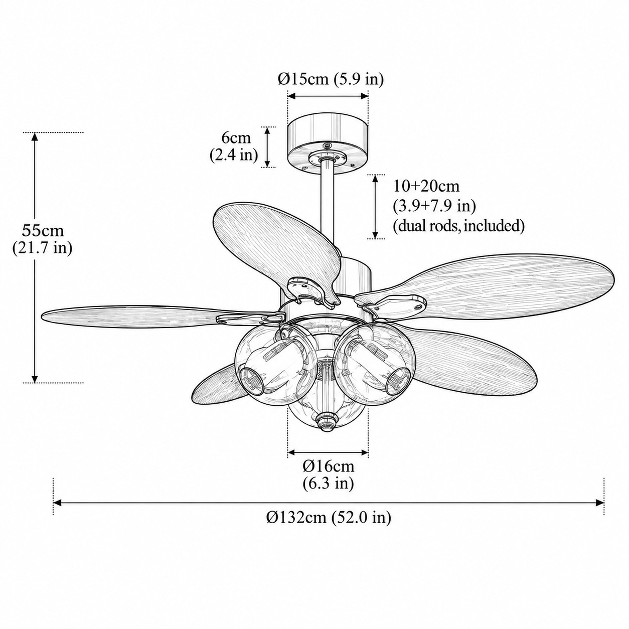 52 po (132 cm) / 5 lames