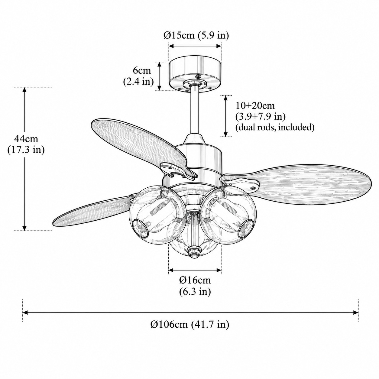 41,7 po (106 cm) / 3 lames