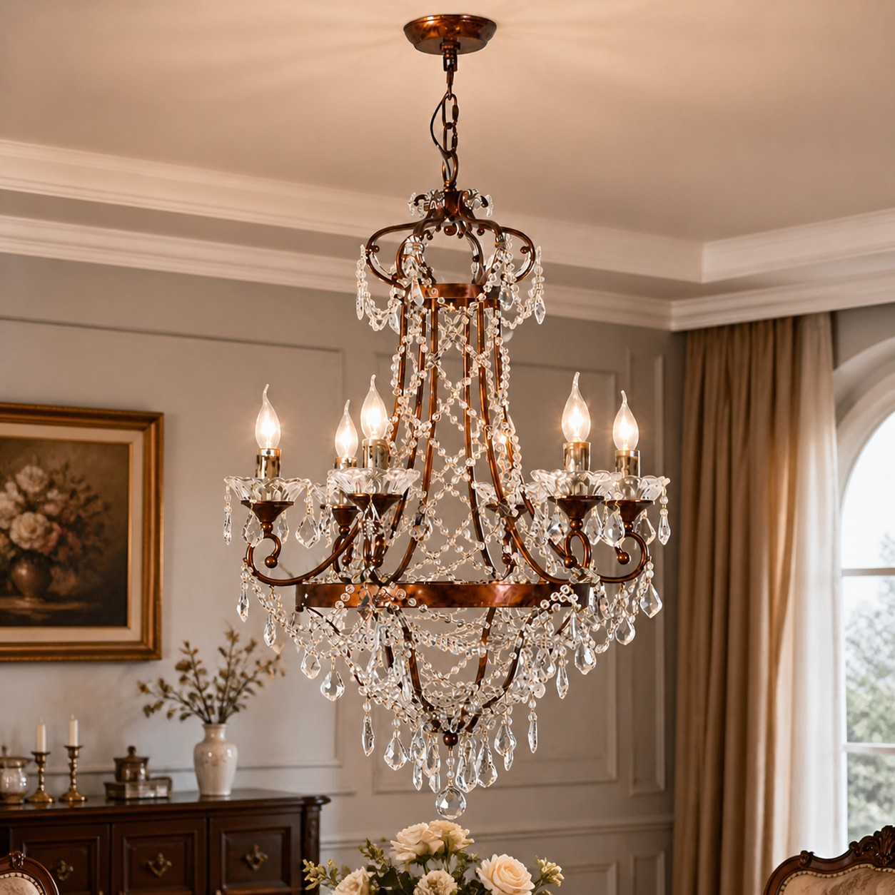 Um grande lustre de cristal exposto sobre uma mesa de jantar formal.