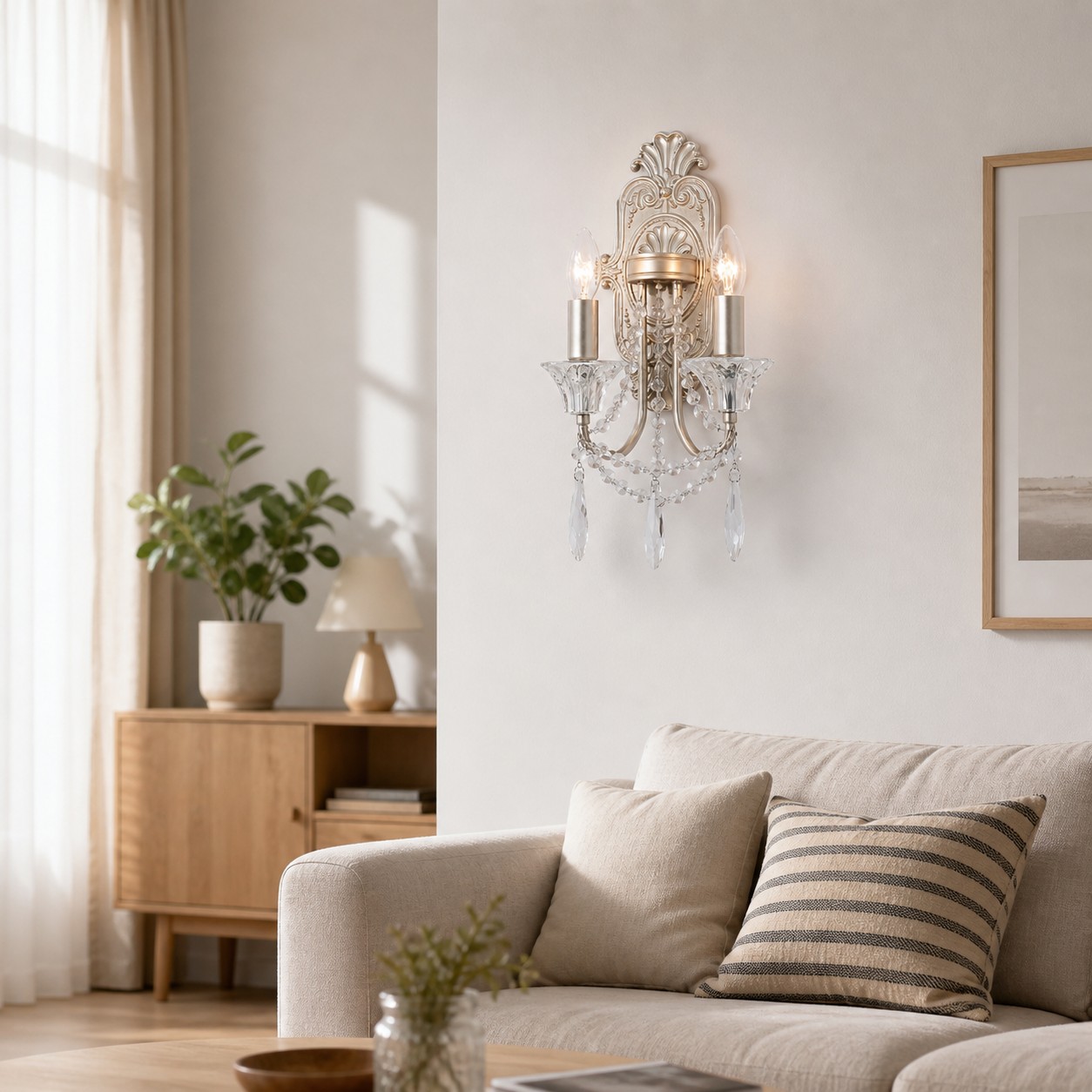 Aplique de parede duplo para velas de cristal em um interior