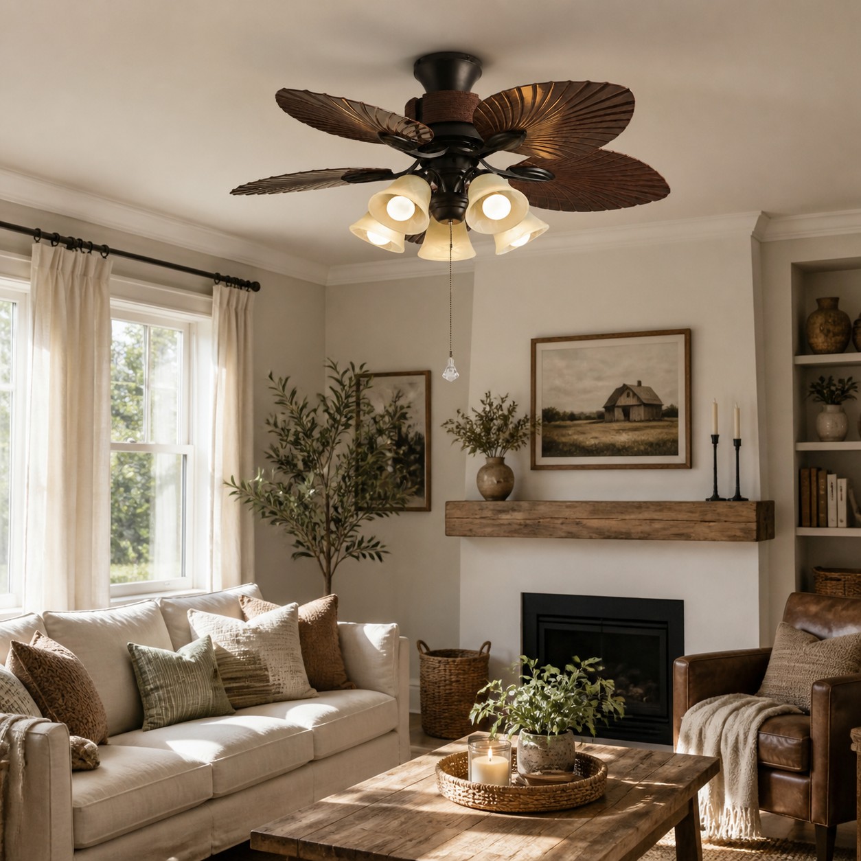 Ventilateur de plafond à pales de feuilles tropicales avec lumière dans une pièce