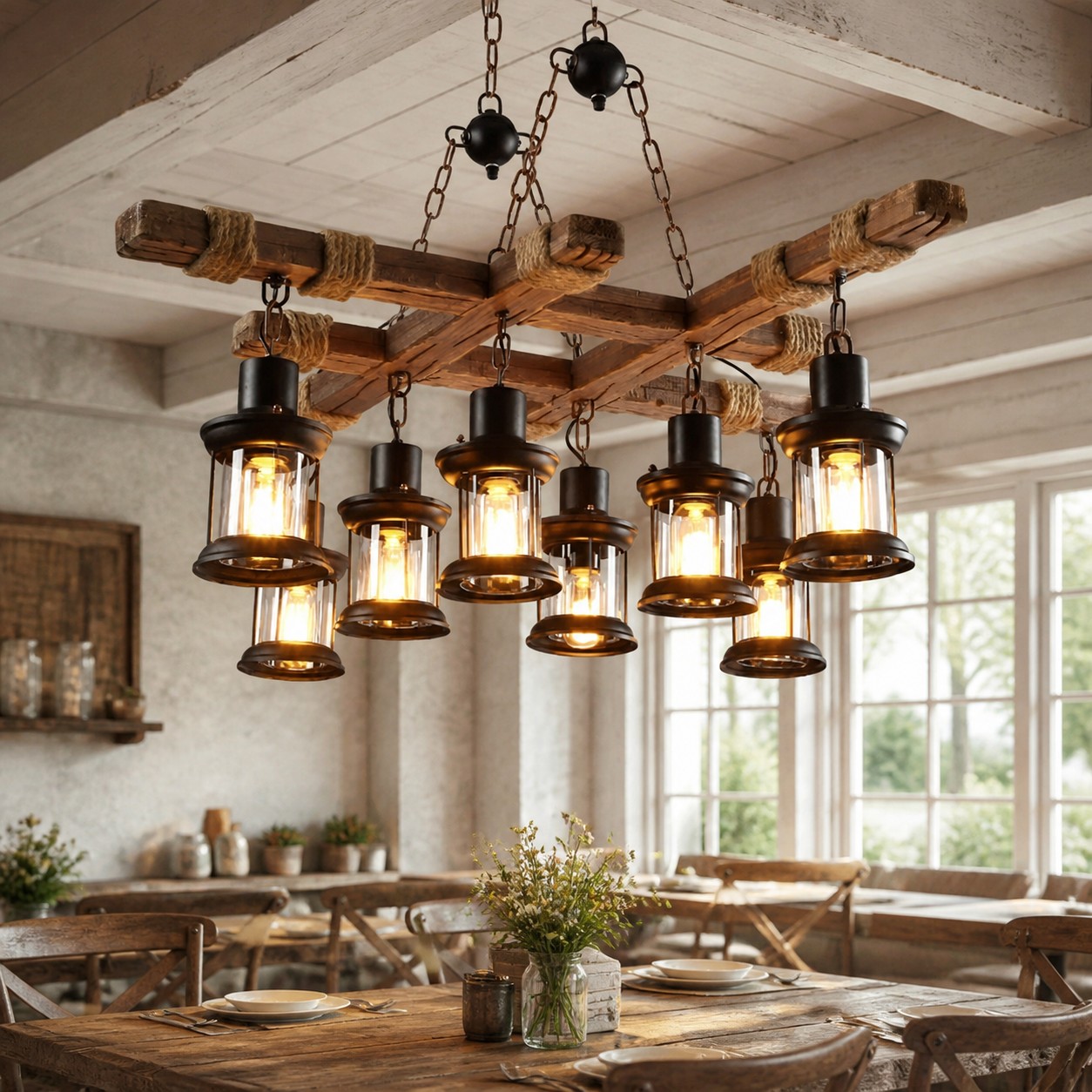 Lustre rústico de madeira com viga e corda, com 8 lâmpadas, em um ambiente decorado.