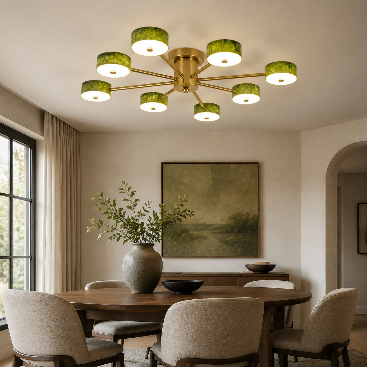 Green jade radial ceiling light installed above a dining table