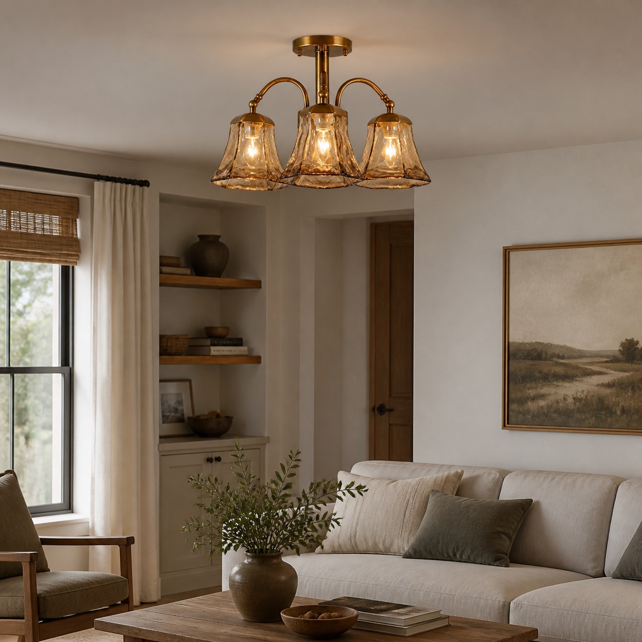Brass and Amber Glass Semi-Flush Ceiling Light in an interior