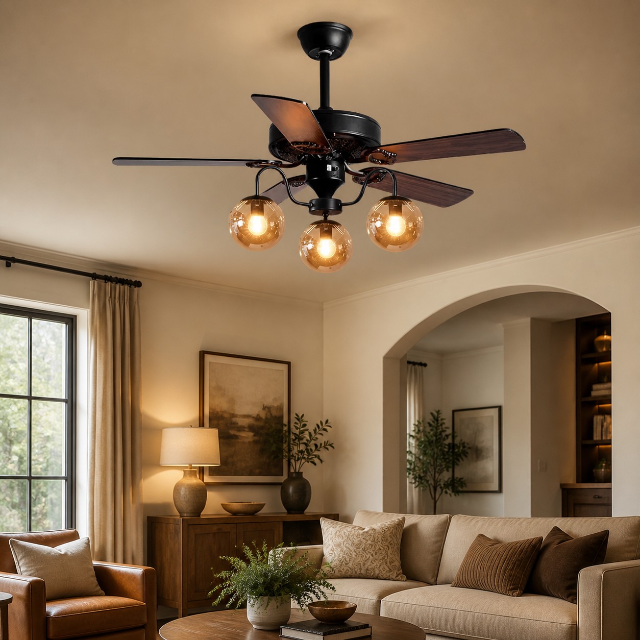 Rustikální dřevěný stropní ventilátor se světlem v místnosti