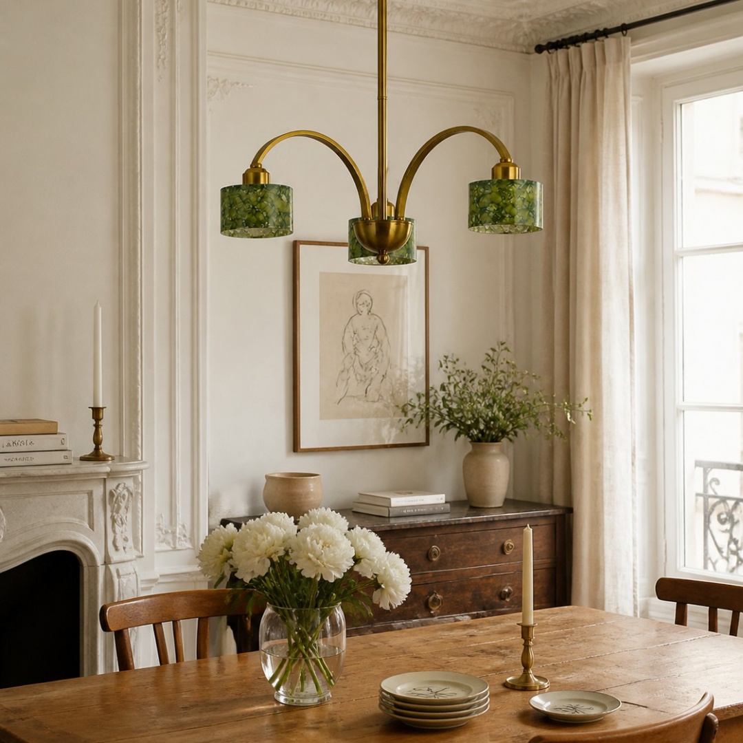 Lampadario a bracci arcuati in giada verde in un ambiente d'arredo.