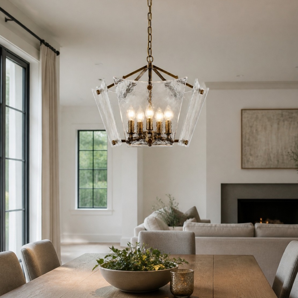 Lustre de gaiola com painéis de vidro texturizado em um interior