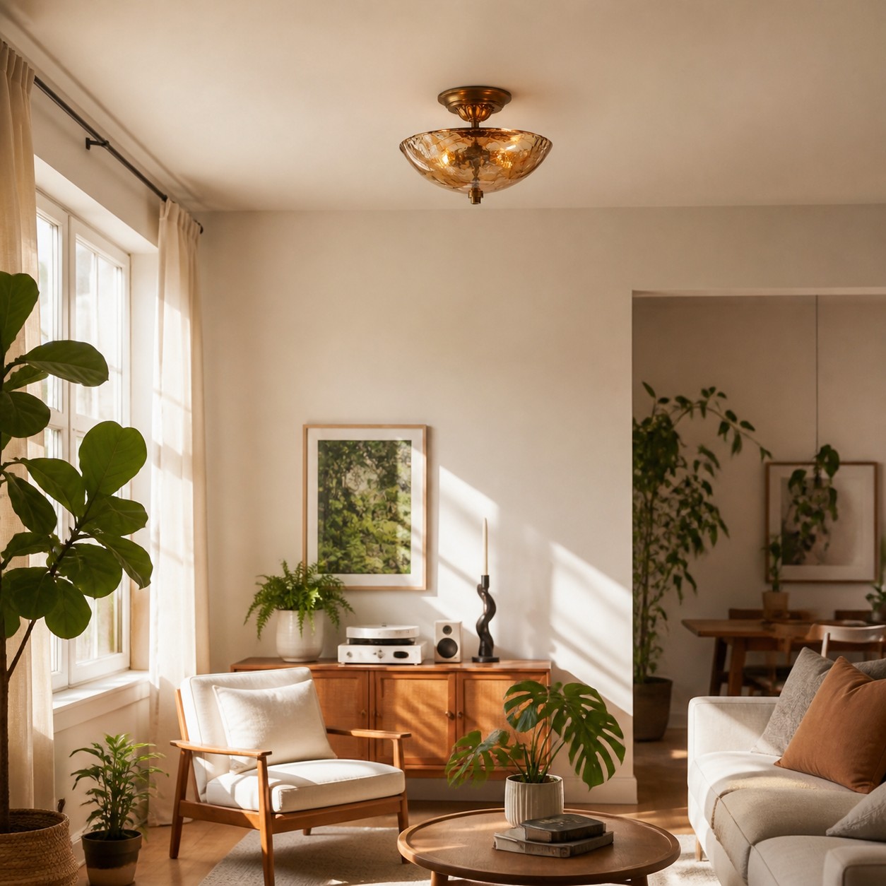 Antieke messing plafondlamp met geëtst glas, halfverzonken in een interieur