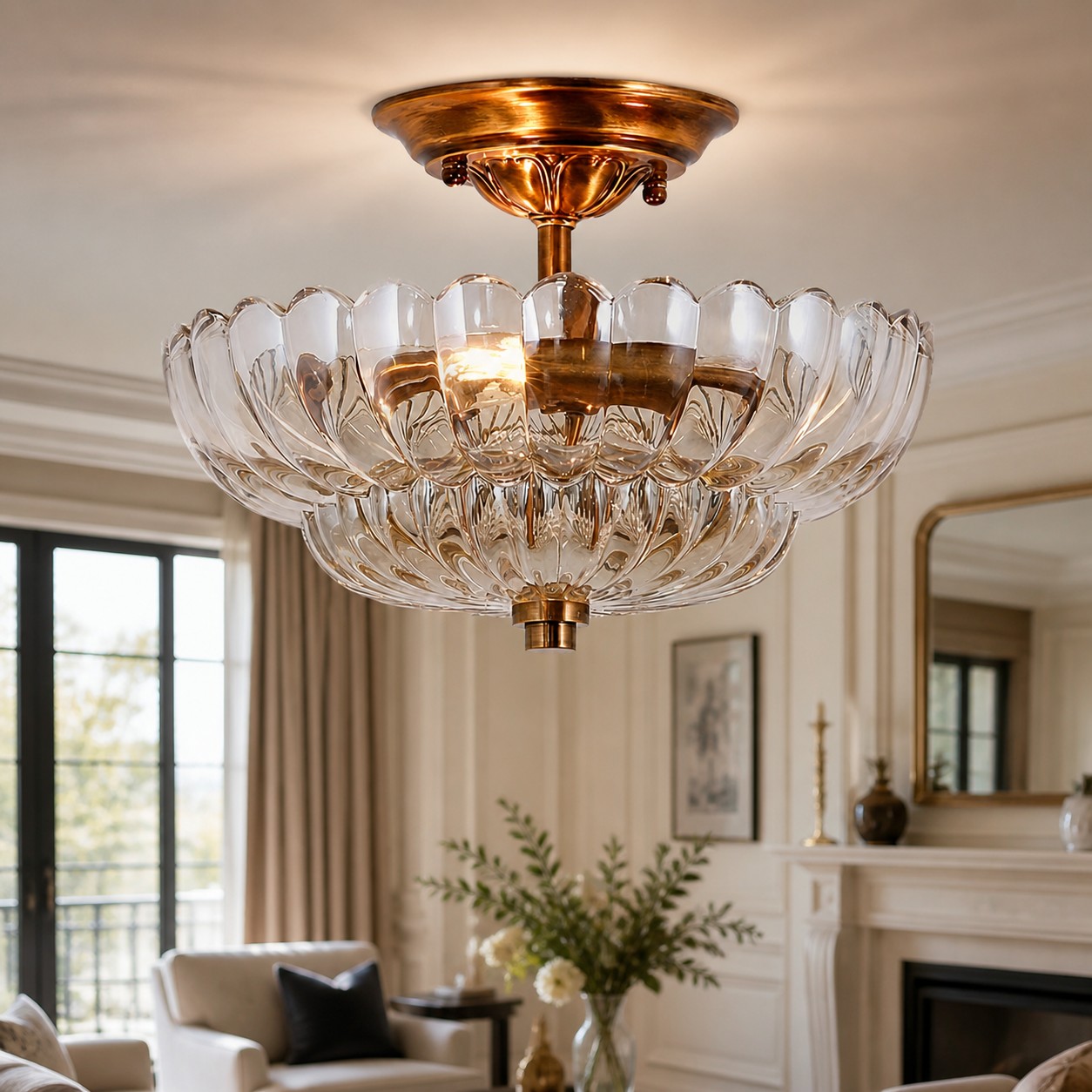 Floral Brass and Amber Glass Semi-Flush Ceiling Light in an interior