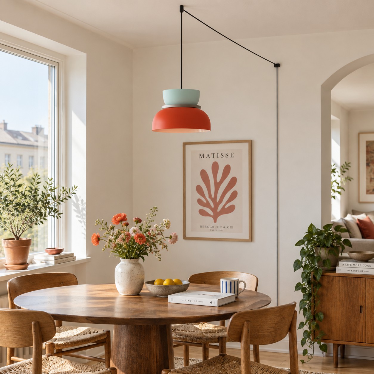 Orange and pale green Macri pendant above a round dining table