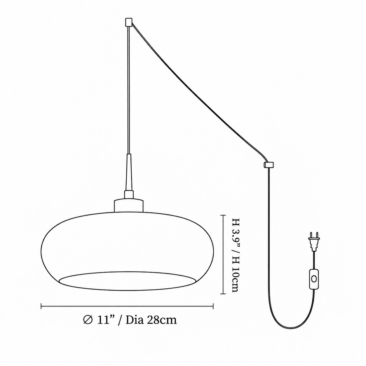 Potivus dimension drawing: diameter 28 cm and body height 10 cm, with plug-in cord and switch