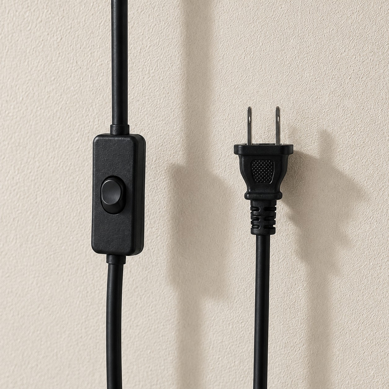 Black power cord with an inline rocker switch and a two-pin plug
