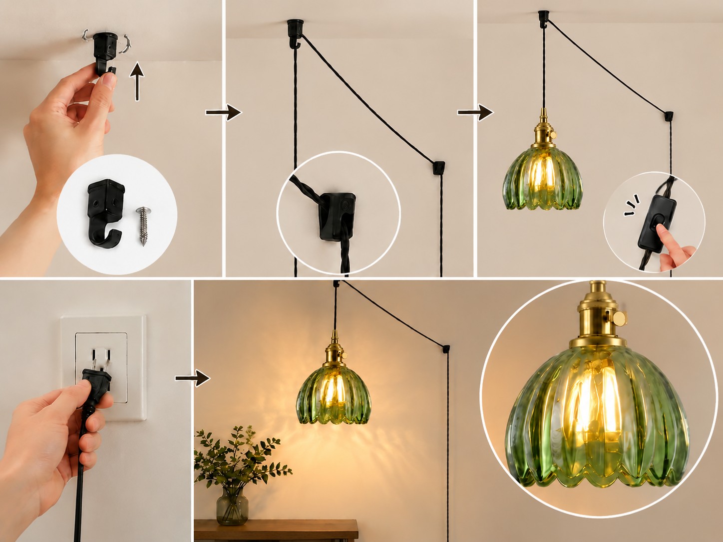 Installation overview for the green flower glass pendant, showing hanging supports, shade attachment, inline switch, and plug-in connection