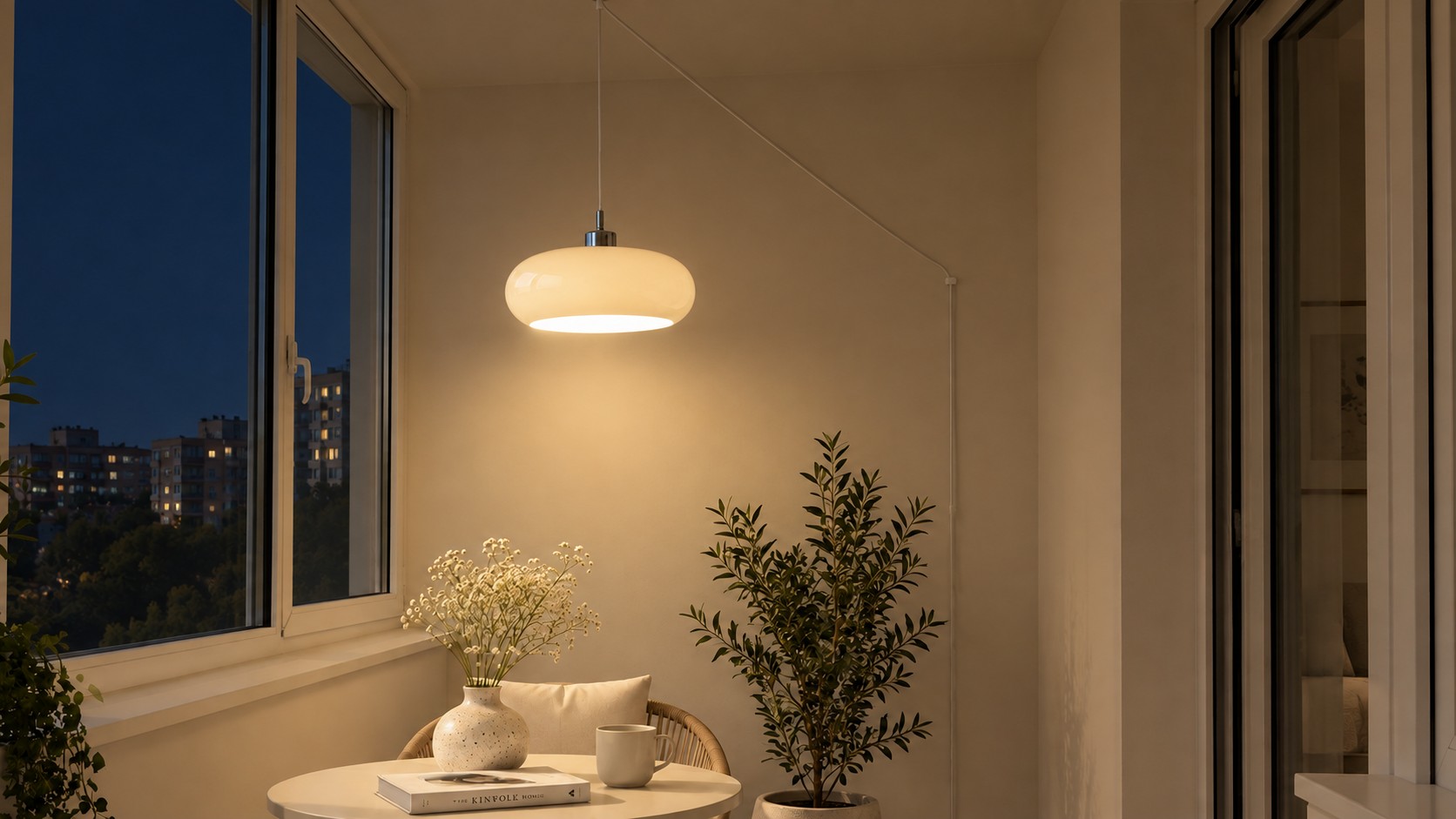 White Potivus pendant illuminated in the evening